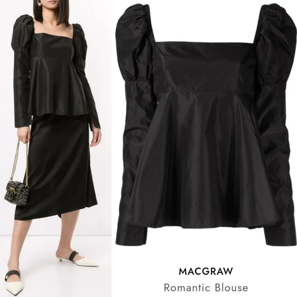 New Macgraw Romantic 100% Silk Square Neckline Black Blouse Bridgerton NWT 2 - Picture 4 of 16